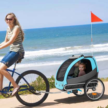 VEVOR Bike Trailer for Toddlers, Kids, Double Seat, 110 lbs Load, Tow Behind Foldable Child Bicycle Trailer with Universal Bicycle Coupler, Canopy Carrier with Strong aluminum Frame, Blue and Gray