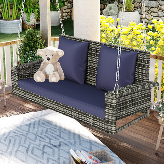 2-Person Wicker Hanging Porch Swing with Chains, Cushion, Pillow, Rattan Swing Bench for Garden, Backyard, Pond. (Gray Wicker, Blue Cushion)