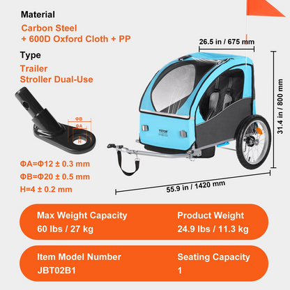 VEVOR Bike Trailer for Toddlers, Kids, 60 lbs Load, Tow Behind Foldable Child Bicycle Trailer with Universal Bicycle Coupler, Canopy Carrier with Strong Carbon Steel Frame for Children, Blue and Gray