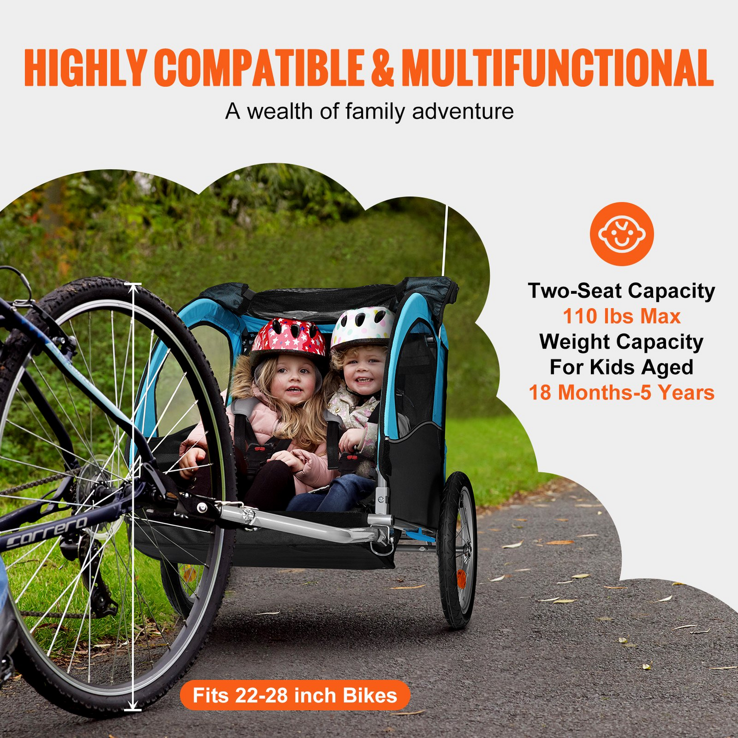 VEVOR Bike Trailer for Toddlers, Kids, Double Seat, 110 lbs Load, Tow Behind Foldable Child Bicycle Trailer with Universal Bicycle Coupler, Canopy Carrier with Strong Carbon Steel Frame, Blue and Gray