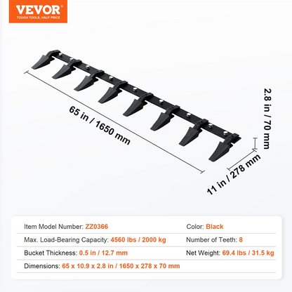 VEVOR Bucket Tooth Bar, 66'', Heavy Duty Tractor Bucket 8 Teeth Bar for Loader Tractor Skidsteer, 4560 lbs Load-Bearing Capacity Bolt On Design, for Efficient Soil Excavation and Bucket Protection