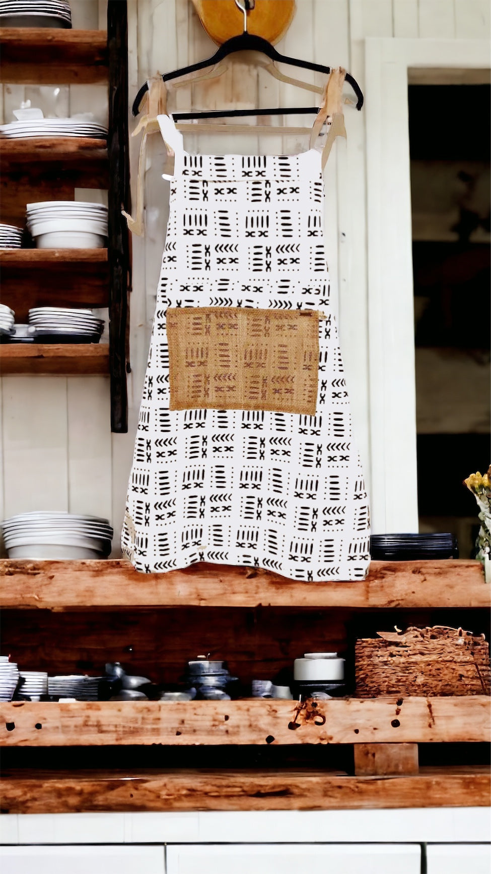 The Mashona, Adjustable, Burlap Pocket, Wax Print Aprons