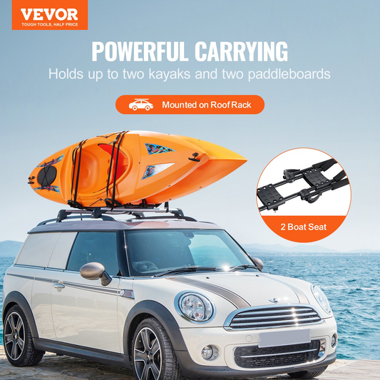 VEVOR Kayak Roof Rack 1 Pair J-Bar, Soft Roof Rack, Top Mount Tie Down, Carrier for kayak, Surf Board, Canoe, SUP, Ski Board, Mount on Car, SUV, Truck, 2 Kayaks