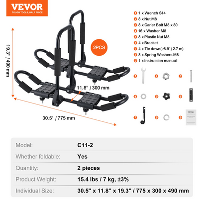 VEVOR Kayak Roof Rack 1 Pair J-Bar, Soft Roof Rack, Top Mount Tie Down, Carrier for kayak, Surf Board, Canoe, SUP, Ski Board, Mount on Car, SUV, Truck, 2 Kayaks