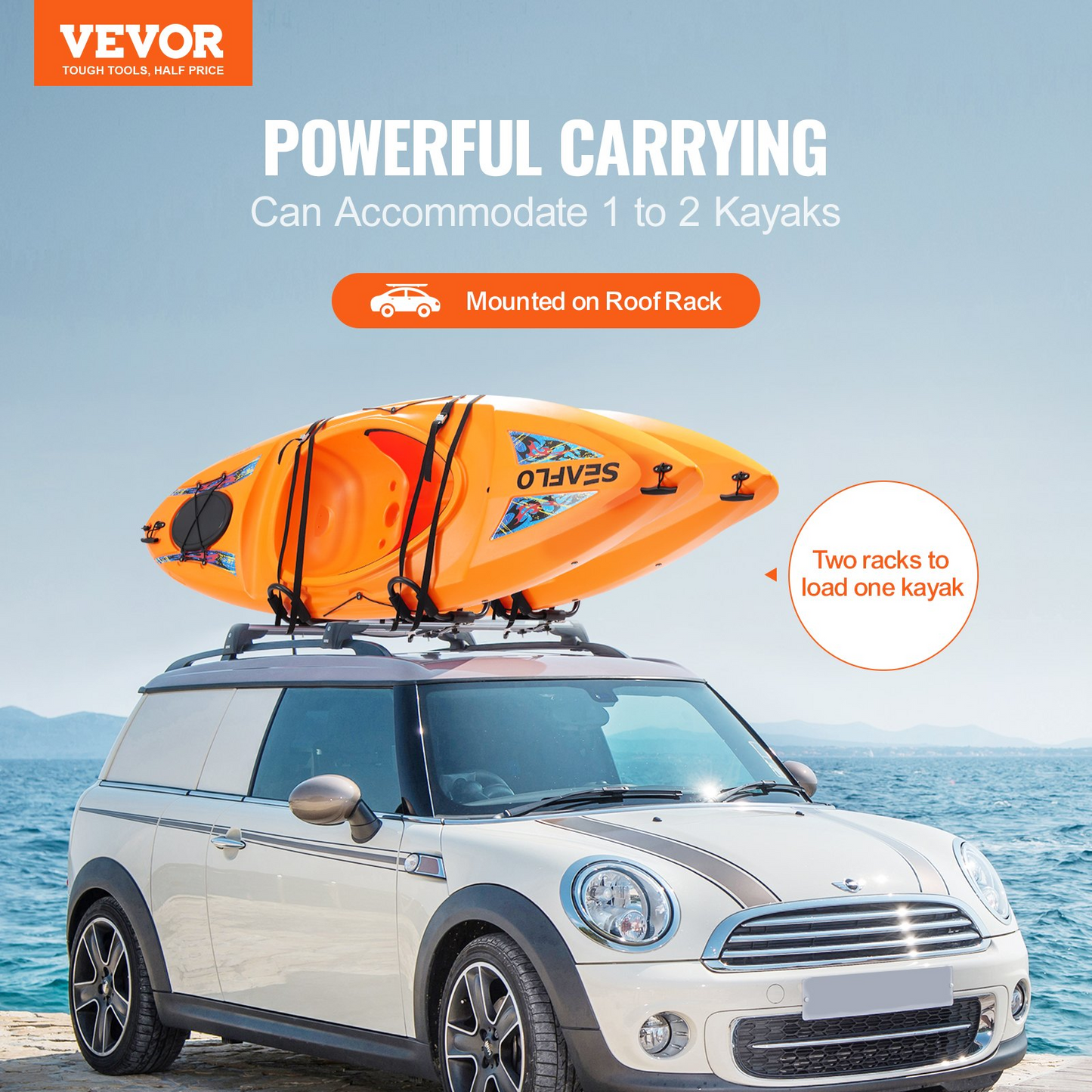 VEVOR Kayak Roof Rack 2 Pairs J-Bar, Soft Roof Rack Quick Folding, Top Mount Tie Down, Carrier for kayak, Surf Board, Canoe, SUP, Ski Board, Mount on Car, SUV, Truck, 2 Kayaks