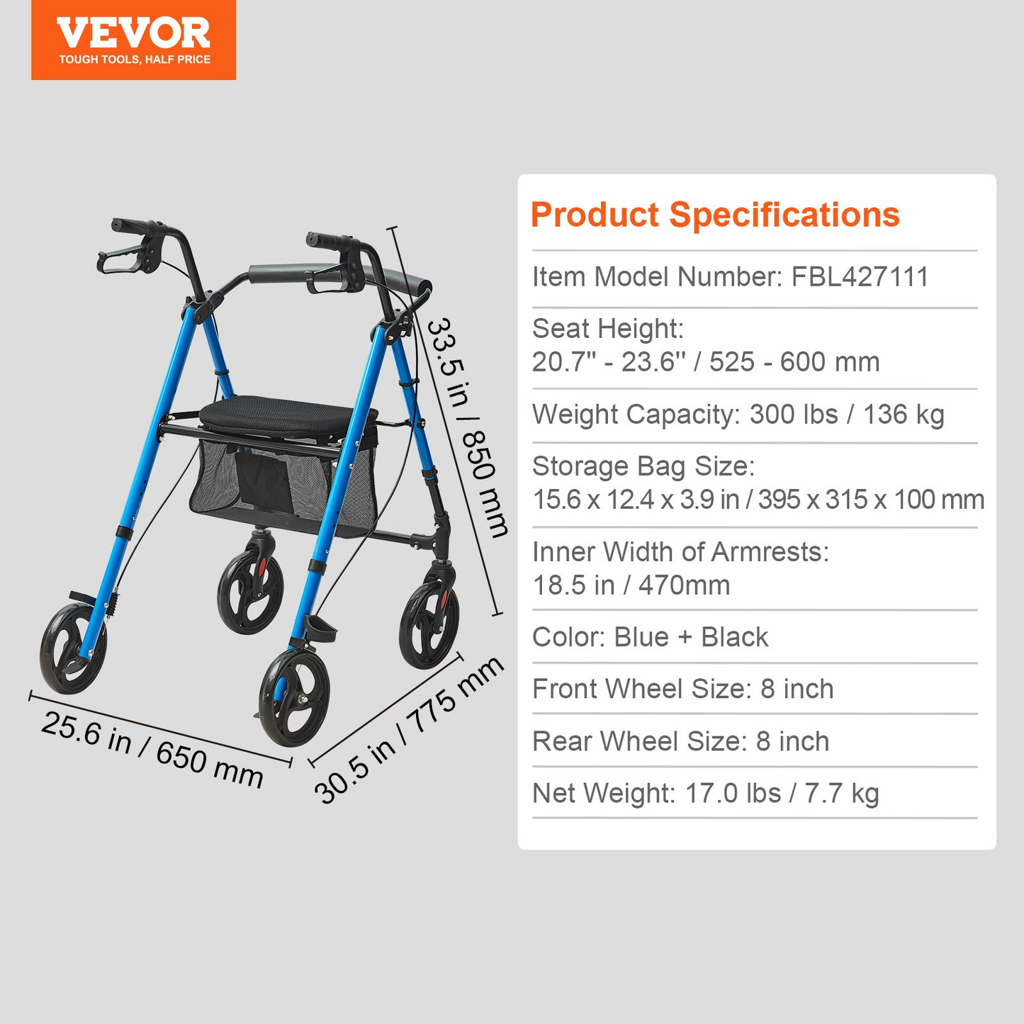 VEVOR Rollator Walker for Senior Aluminum Foldable Rolling Walker 300LB Capacity