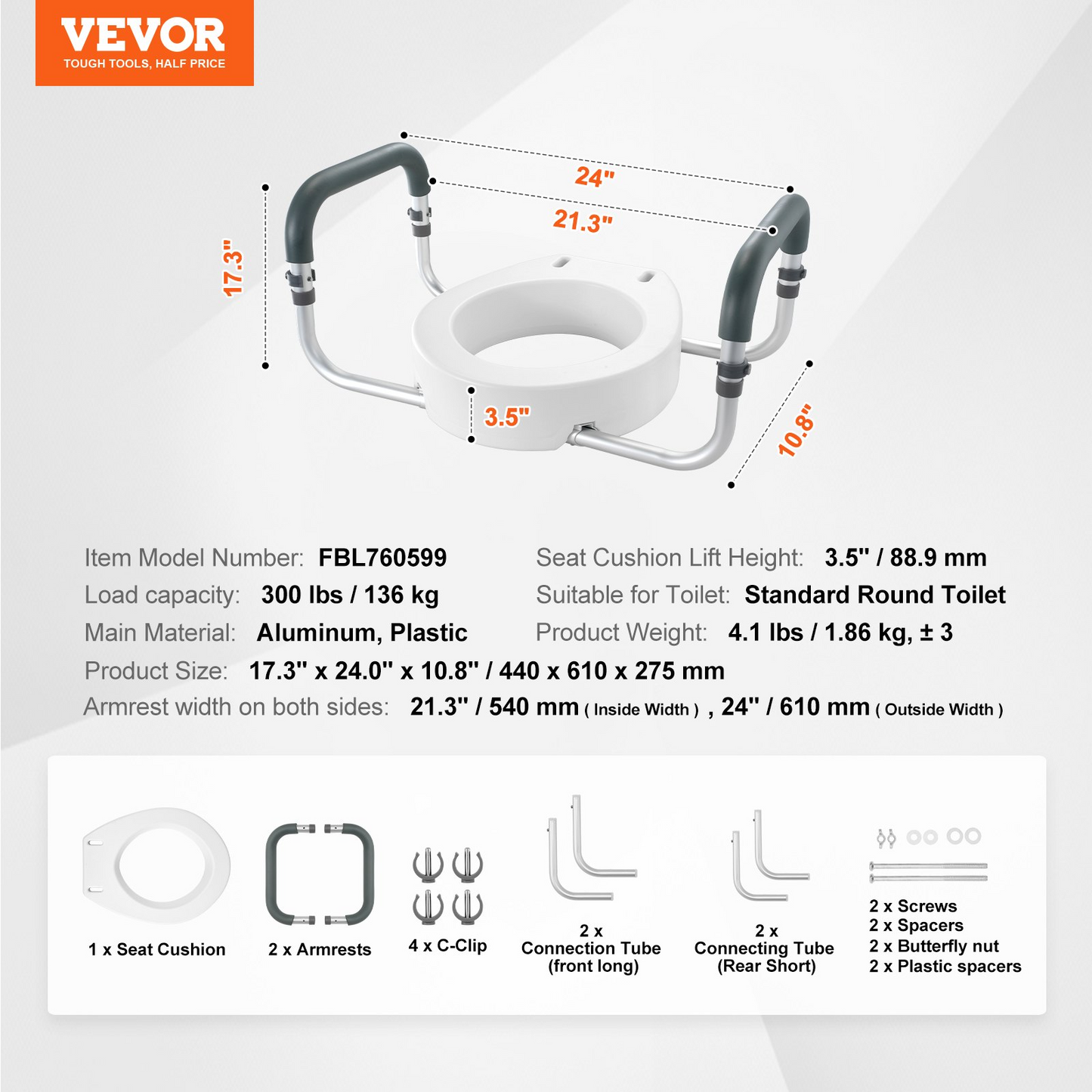 VEVOR Raised Toilet Seat 3.5" Height Raised 300 lbs for Round Toilet for Elderly