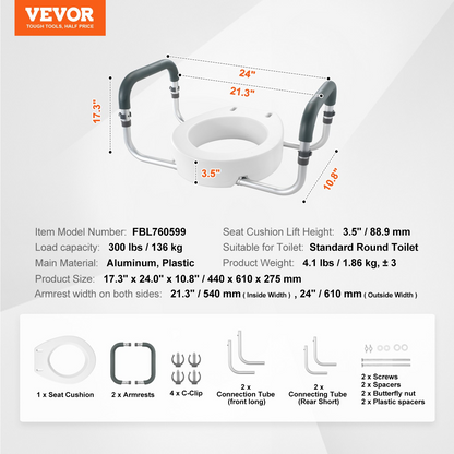 VEVOR Raised Toilet Seat 3.5" Height Raised 300 lbs for Round Toilet for Elderly