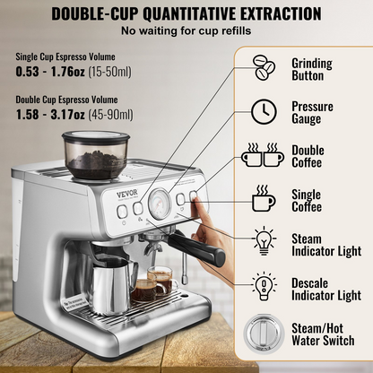 VEVOR Espresso Machine with Grinder, 15 Bar Semi-Automatic Espresso Coffee Maker with Milk Frother Steam Wand, Removable Water Tank & Pressure Gauge for Cappuccino, Latte, Machiato, PID Control System