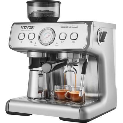 VEVOR Espresso Machine with Grinder, 15 Bar Semi-Automatic Espresso Coffee Maker with Milk Frother Steam Wand, Removable Water Tank & Pressure Gauge for Cappuccino, Latte, Machiato, PID Control System