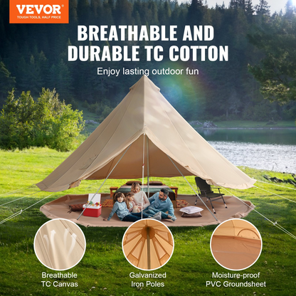 VEVOR Canvas Bell Tent, 4 Seasons 6 m/19.68 ft Yurt Tent, Canvas Tent for Camping with Stove Jack, Breathable Tent Holds up to 10 People, Family Camping Outdoor Hunting Party