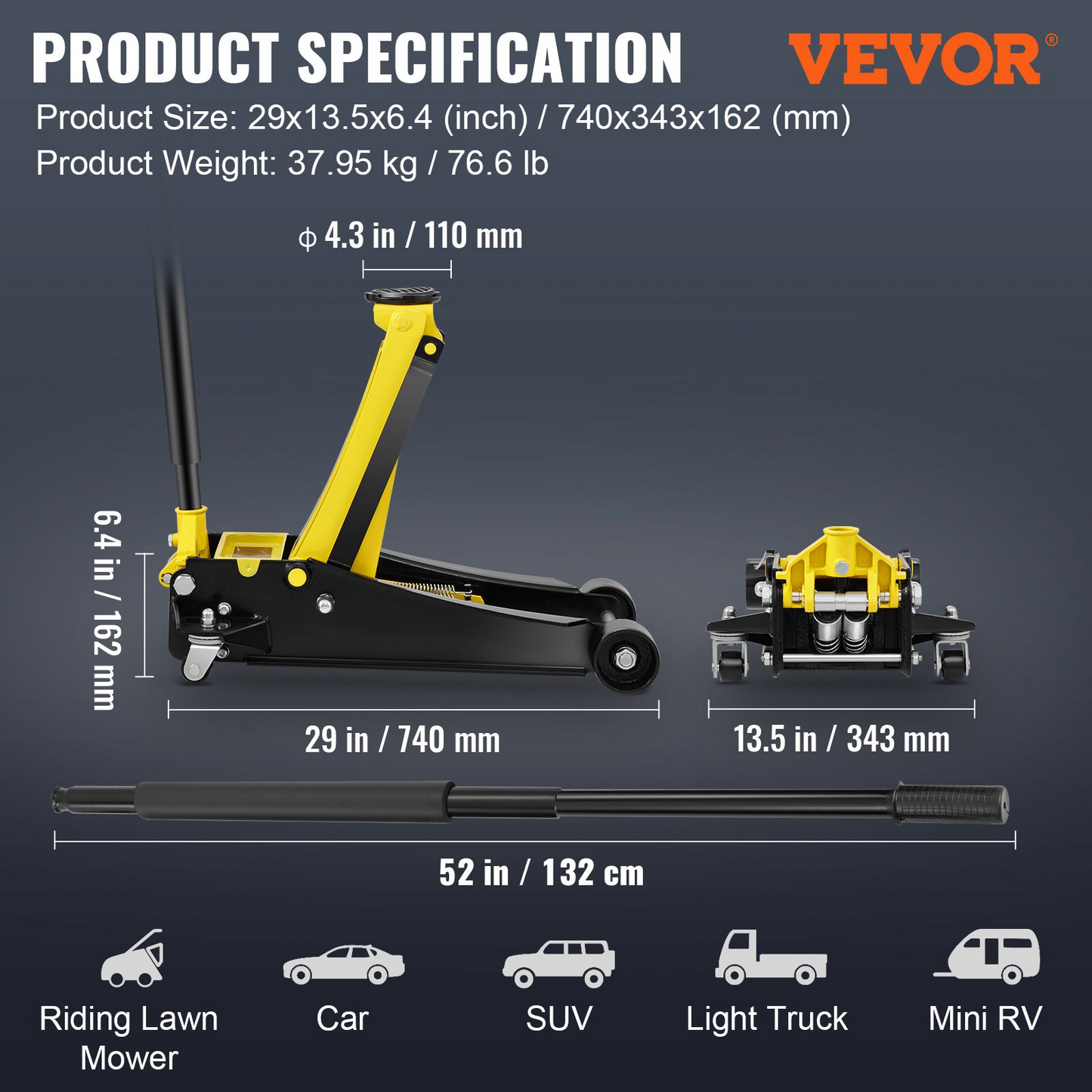 VEVOR Low Profile Floor Jack 4 Ton Heavy Duty Steel Dual Piston Rapid Pump