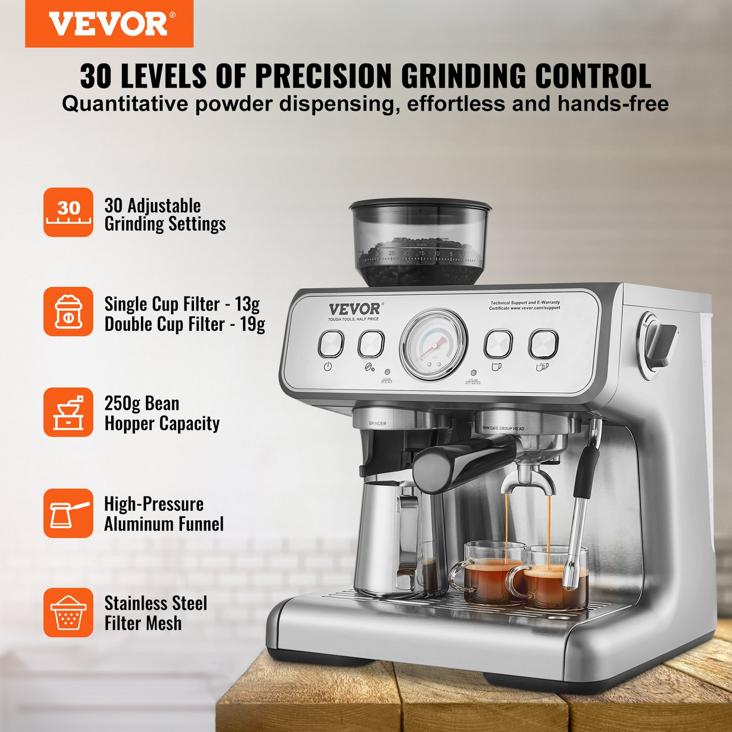 VEVOR Espresso Machine with Grinder, 15 Bar Semi-Automatic Espresso Coffee Maker with Milk Frother Steam Wand, Removable Water Tank & Pressure Gauge for Cappuccino, Latte, Machiato, PID Control System