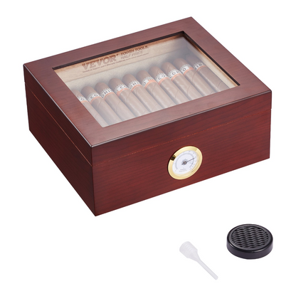 VEVOR 50 Cigars Humidor Glasstop Cedar Cigar Storage Box Humidifier Hygrometer