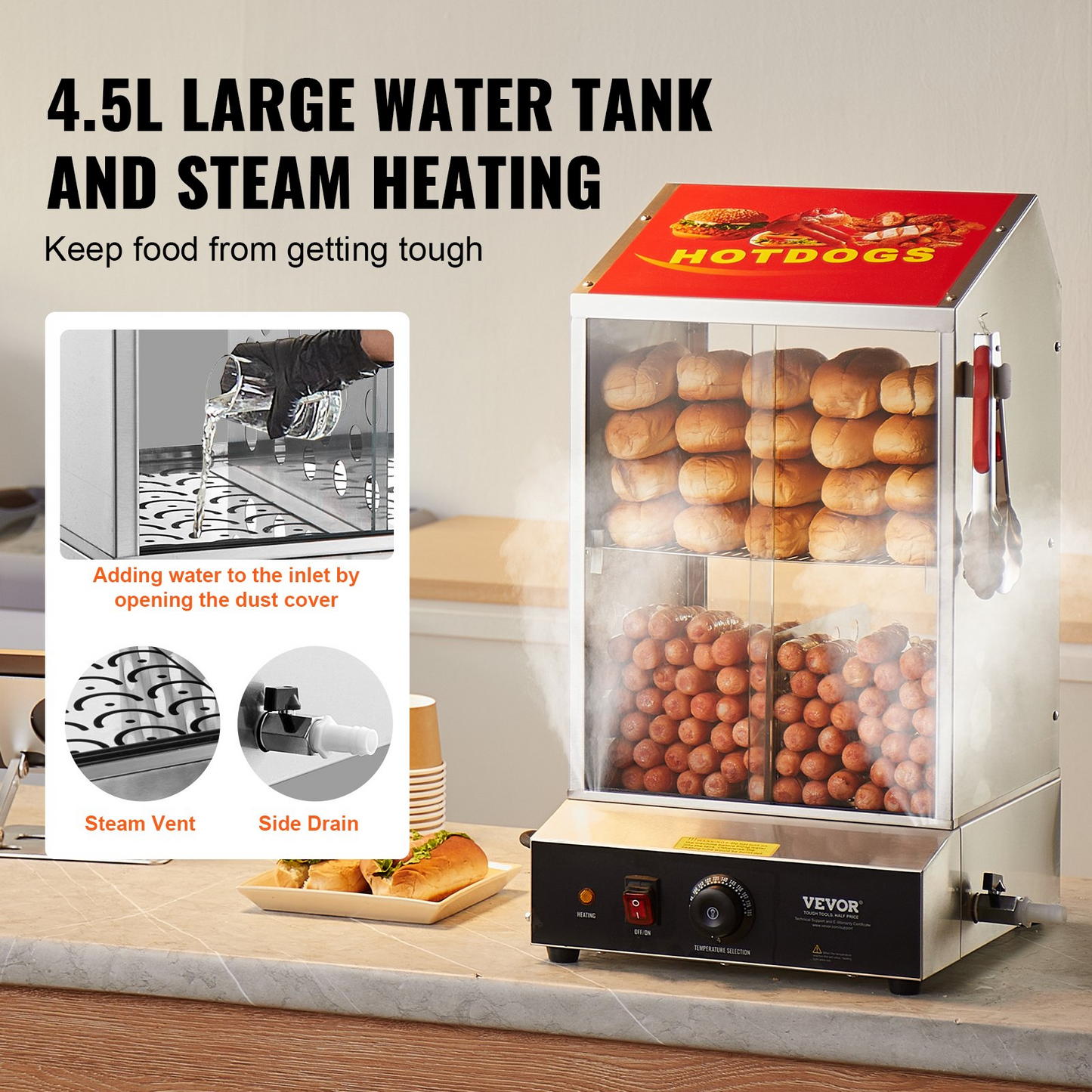 VEVOR Commercial Hot Dog Steamer 2-Tier Electric Bun Warmer 39QT Slide Doors