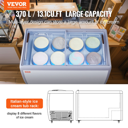 VEVOR Commercial Ice Cream Display Case, 13.1 Cu.ft Chest Freezer, Mobile Glass Top Deep Freezer, Restaurant Gelato Dipping Cabinet with 8 Large Tubs, 2 Sliding Glass Doors, Locking Casters, White