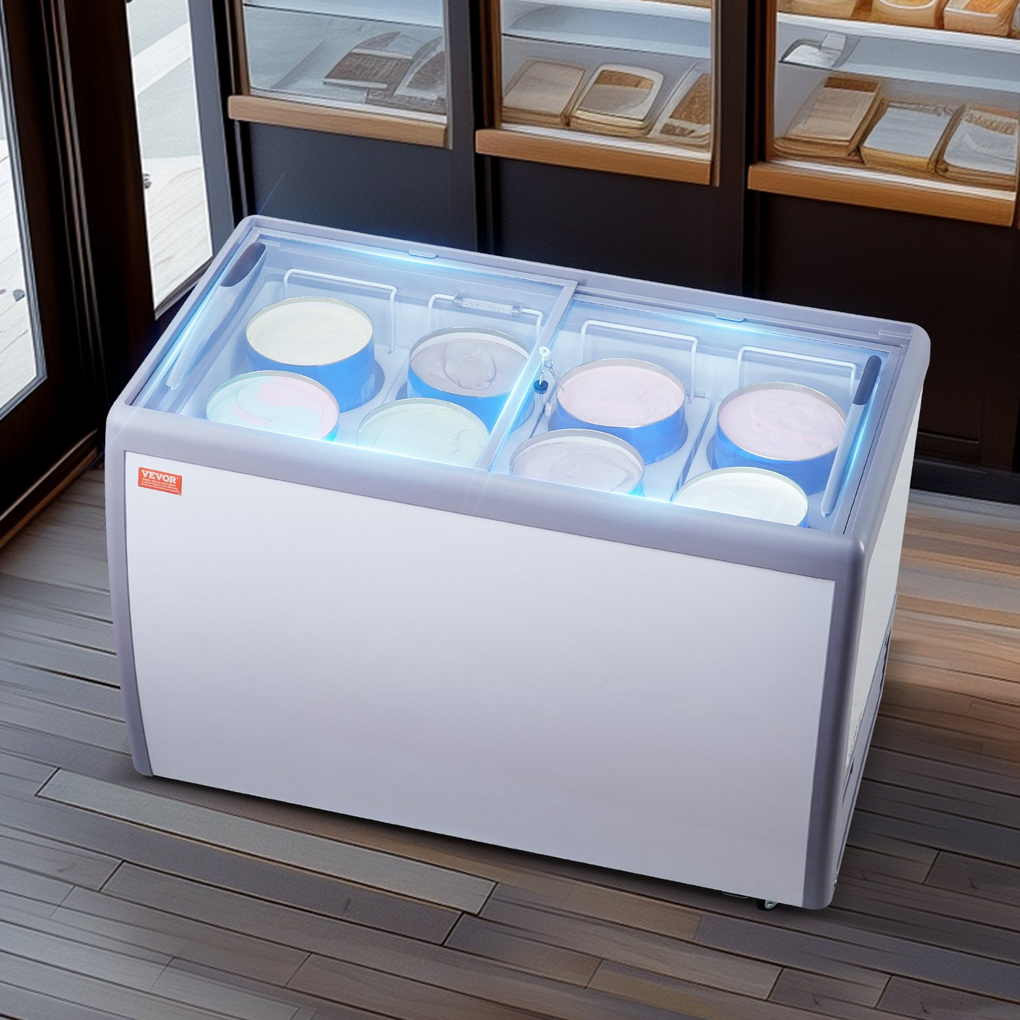 VEVOR Commercial Ice Cream Display Case, 13.1 Cu.ft Chest Freezer, Mobile Glass Top Deep Freezer, Restaurant Gelato Dipping Cabinet with 8 Large Tubs, 2 Sliding Glass Doors, Locking Casters, White