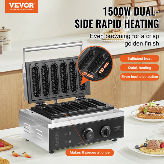 VEVOR 6PCS Commercial Waffle Stick Maker Waffle Baker Hot Dog Waffle Iron 1500W