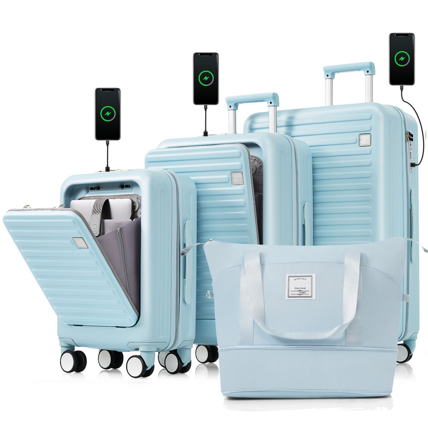 Luggage Set of 4, 20, 24, 28inch with USB Port, 20, 24inch with front opening design Airline Certified Carry on Luggage with Cup Holder, ABS Hard Shell Luggage with Expandable Travel Bag, light blue