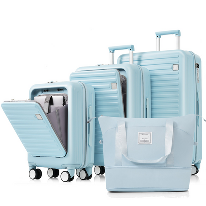 Luggage Set of 4, 20, 24, 28inch with USB Port, 20, 24inch with front opening design Airline Certified Carry on Luggage with Cup Holder, ABS Hard Shell Luggage with Expandable Travel Bag, light blue