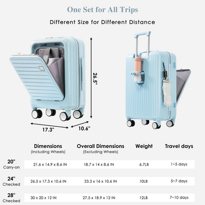 Luggage Set of 4, 20, 24, 28inch with USB Port, 20, 24inch with front opening design Airline Certified Carry on Luggage with Cup Holder, ABS Hard Shell Luggage with Expandable Travel Bag, light blue