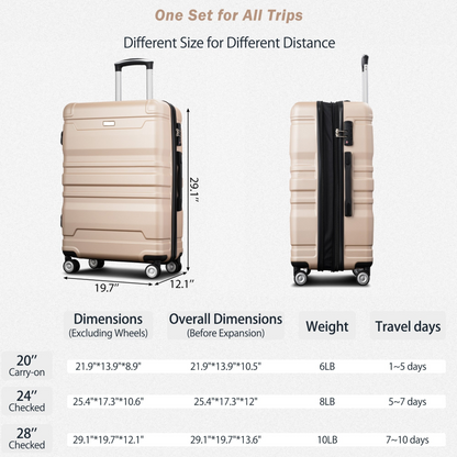 Luggage Sets New Model Expandable ABS Hardshell 3pcs Clearance Luggage Hardside Lightweight Durable Suitcase sets Spinner Wheels Suitcase with TSA Lock  20''24''28'' (Champagne)