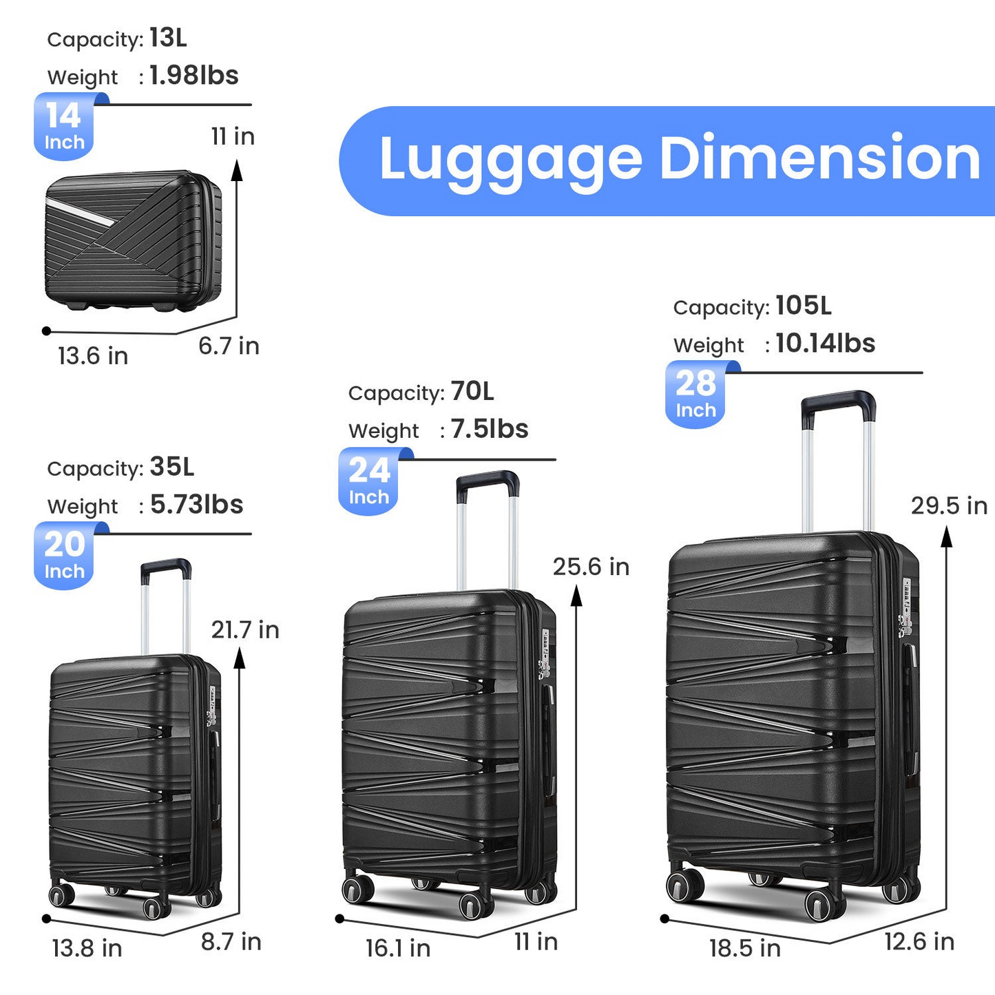 Luggage 4 Piece Sets(14/20/24/28), Hard Shell Lightweight TSA Lock Carry on Expandable Suitcase with Spinner Wheels Travel Set for Men Women