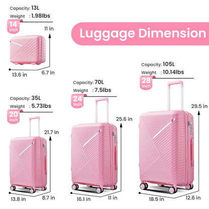 Luggage Sets 4 Piece(14/20/24/28), Expandable Lightweight Suitcase with 4 Double 360 Degrees Mute Spinner Wheels PP Materials Durable TSA Lock Travel Luggage