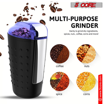 5 Core Coffee Grinder • 85 Gram Or 3 Ounces / 12 Cup Capacity • One-Touch Automatic Electric Bean Spice Grinding Machine • 150W Copper Motor • Stainless Steel Blades • Molino De Cafe Black- CG 01 BL