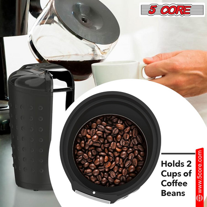 5 Core Coffee Grinder • 85 Gram Or 3 Ounces / 12 Cup Capacity • One-Touch Automatic Electric Bean Spice Grinding Machine • 150W Copper Motor • Stainless Steel Blades • Molino De Cafe Black- CG 01 BL