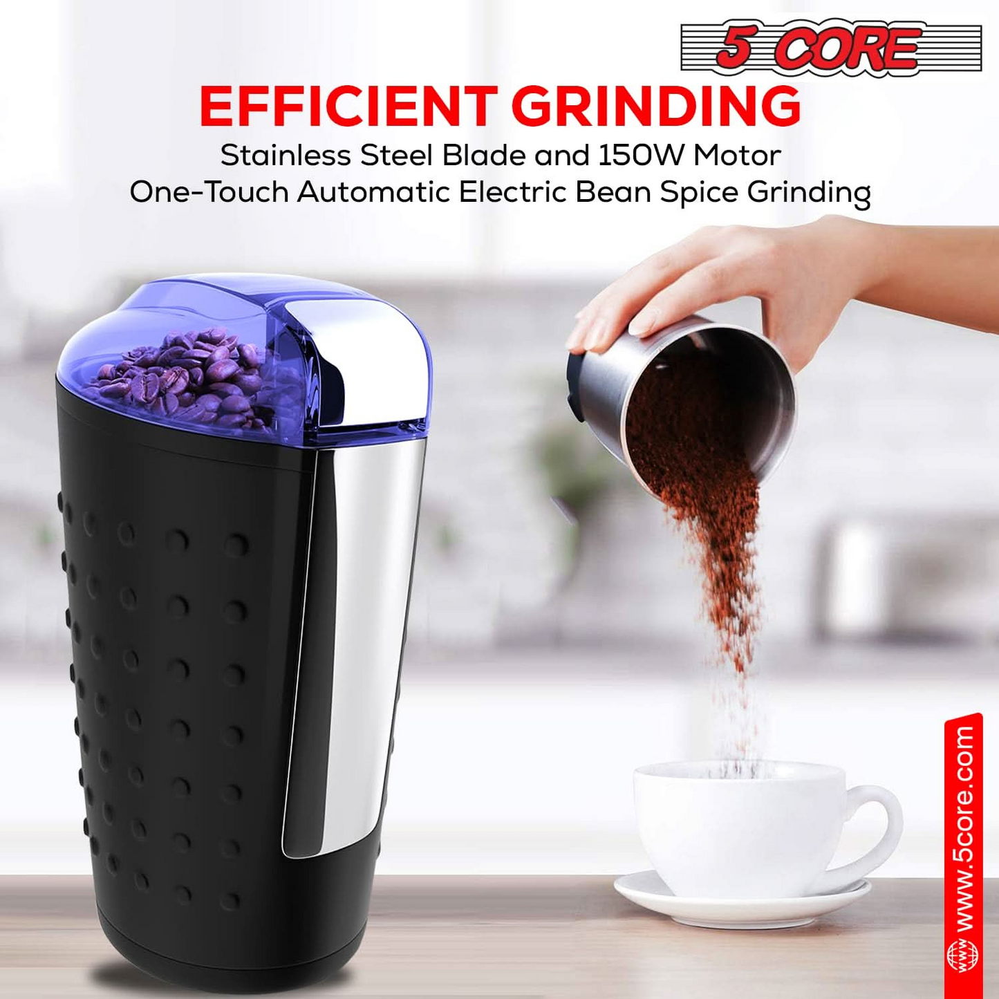 5 Core Coffee Grinder • 85 Gram Or 3 Ounces / 12 Cup Capacity • One-Touch Automatic Electric Bean Spice Grinding Machine • 150W Copper Motor • Stainless Steel Blades • Molino De Cafe Black- CG 01 BL