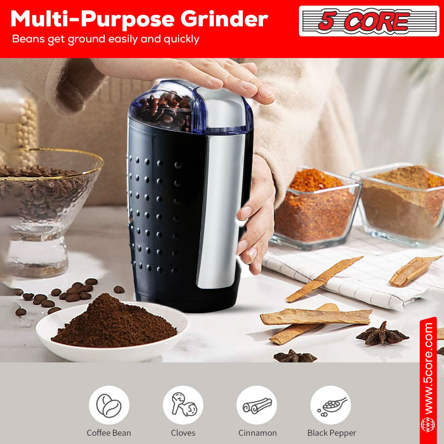 5 Core Coffee Grinder • 85 Gram Or 3 Ounces / 12 Cup Capacity • One-Touch Automatic Electric Bean Spice Grinding Machine • 150W Copper Motor • Stainless Steel Blades • Molino De Cafe Black- CG 01 BL