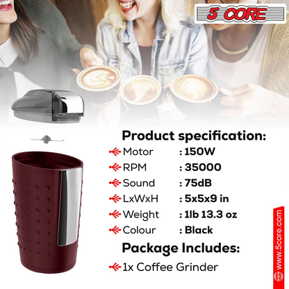 5 Core Coffee Grinder • 85 Gram Or 3 Ounces / 12 Cup Capacity • One-Touch Automatic Electric Bean Spice Grinding Machine • 150W Copper Motor • Stainless Steel Blades • Molino De Cafe Brown CG 01 BR