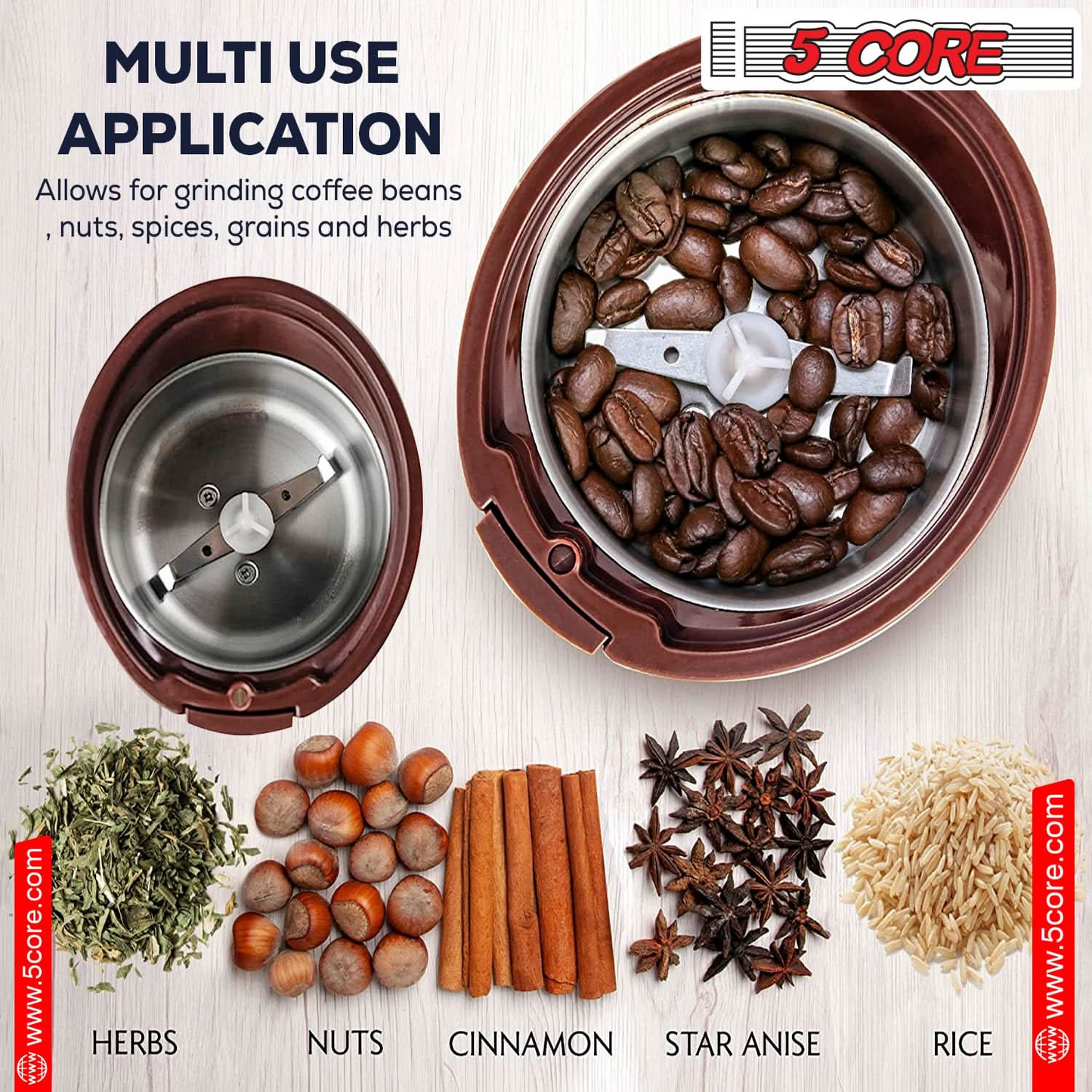 5 Core Coffee Grinder • 85 Gram Or 3 Ounces / 12 Cup Capacity • One-Touch Automatic Electric Bean Spice Grinding Machine • 150W Copper Motor • Stainless Steel Blades • Molino De Cafe Brown CG 01 BR