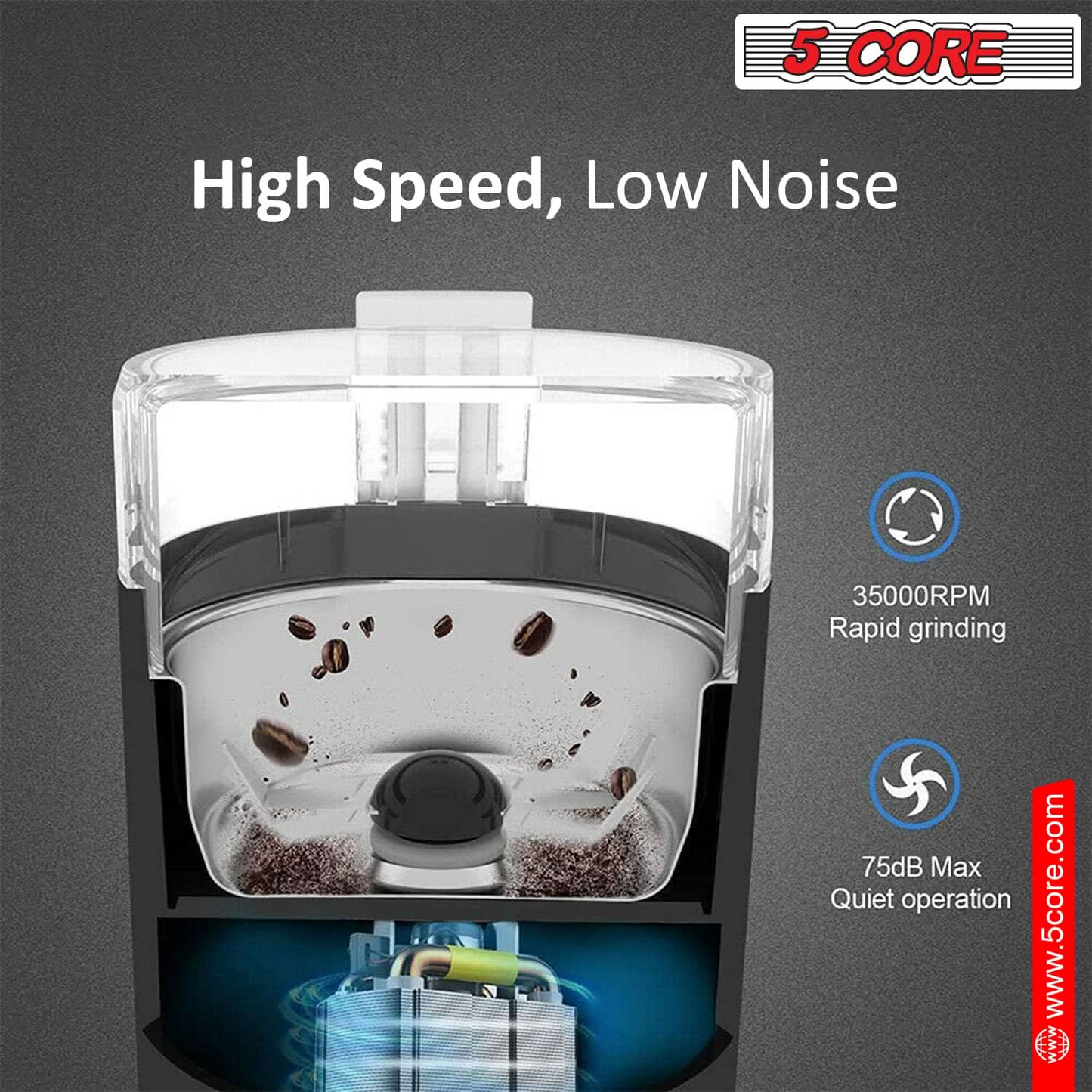 5 Core Coffee Grinder • 85 Gram Or 3 Ounces / 12 Cup Capacity • One-Touch Automatic Electric Bean Spice Grinding Machine • 150W Copper Motor • Stainless Steel Blades • Molino De Cafe Brown CG 01 BR