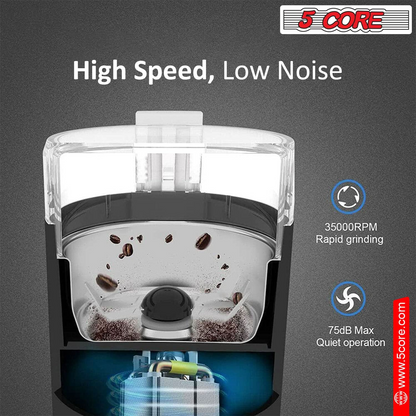 5 Core Coffee Grinder • 85 Gram Or 3 Ounces / 12 Cup Capacity • One-Touch Automatic Electric Bean Spice Grinding Machine • 150W Copper Motor • Stainless Steel Blades • Molino De Cafe Brown CG 01 BR