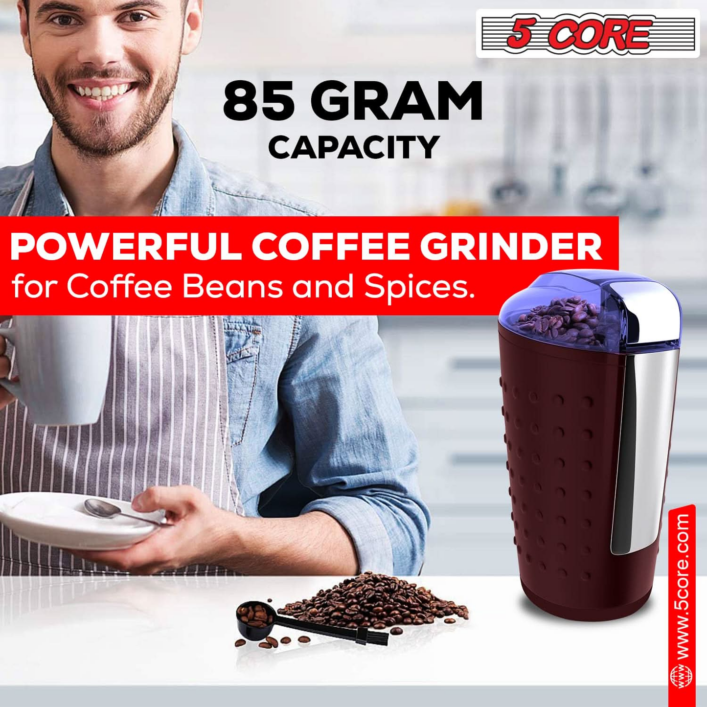 5 Core Coffee Grinder • 85 Gram Or 3 Ounces / 12 Cup Capacity • One-Touch Automatic Electric Bean Spice Grinding Machine • 150W Copper Motor • Stainless Steel Blades • Molino De Cafe Brown CG 01 BR