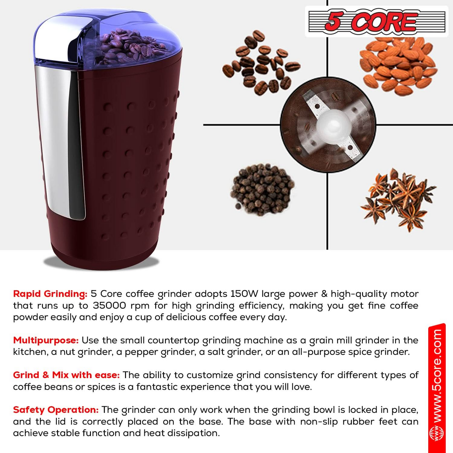 5 Core Coffee Grinder • 85 Gram Or 3 Ounces / 12 Cup Capacity • One-Touch Automatic Electric Bean Spice Grinding Machine • 150W Copper Motor • Stainless Steel Blades • Molino De Cafe Brown CG 01 BR