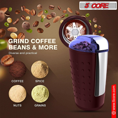 5 Core Coffee Grinder • 85 Gram Or 3 Ounces / 12 Cup Capacity • One-Touch Automatic Electric Bean Spice Grinding Machine • 150W Copper Motor • Stainless Steel Blades • Molino De Cafe Brown CG 01 BR