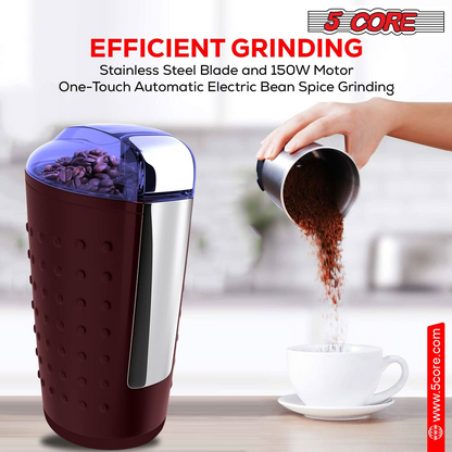 5 Core Coffee Grinder • 85 Gram Or 3 Ounces / 12 Cup Capacity • One-Touch Automatic Electric Bean Spice Grinding Machine • 150W Copper Motor • Stainless Steel Blades • Molino De Cafe Brown CG 01 BR