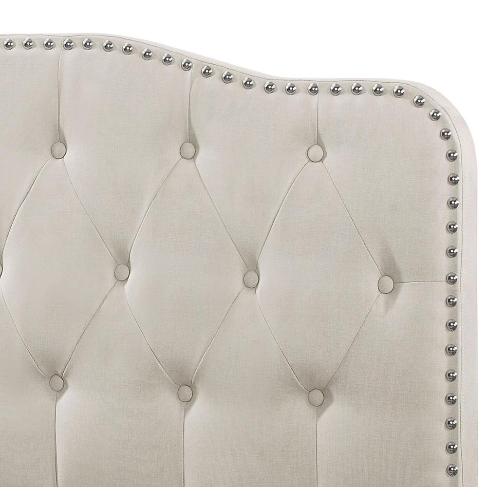 Beige Linen Uph. Panel Bed with Silver Nailhead- Twin