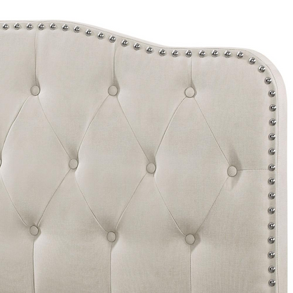 Beige Linen Uph. Panel Bed with Silver Nailhead- Twin