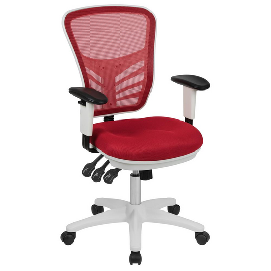 Mid-Back Red Mesh Multifunction Executive Swivel Ergonomic Office Chair with Adjustable Arms and White Frame