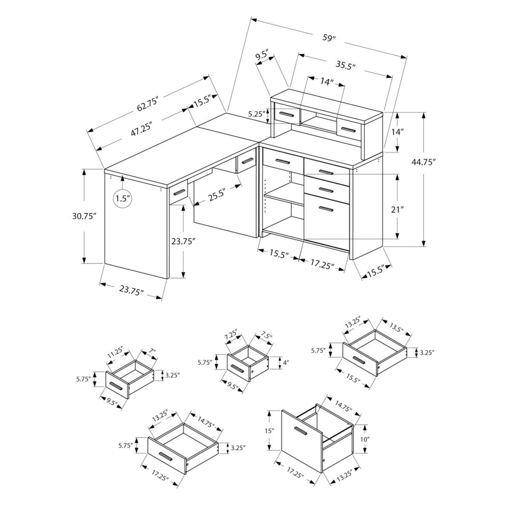 60" L-Shaped Corner Desk & Hutch in Grey