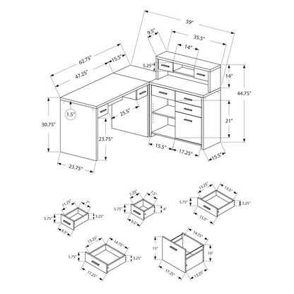 60" L-Shaped Corner Desk & Hutch in Grey