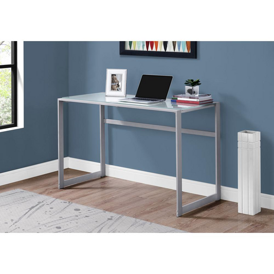 COMPUTER DESK - 48"L / SILVER METAL/ WHITE TEMPERED GLASS