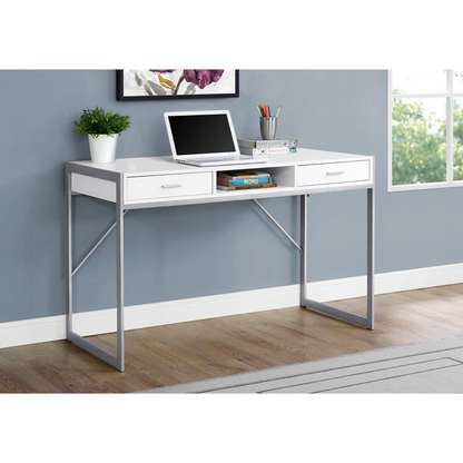 COMPUTER DESK - 48"L / MODERN WHITE / SILVER METAL