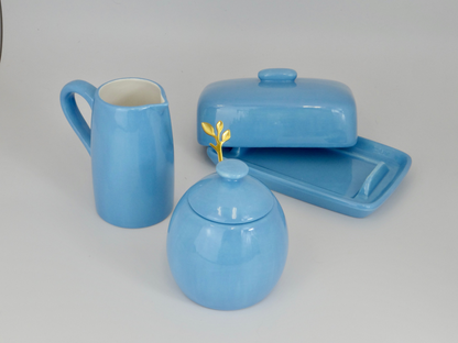 Butter Dish, Sugar Bowl, Milk Jug Set Sky Blue Glaze