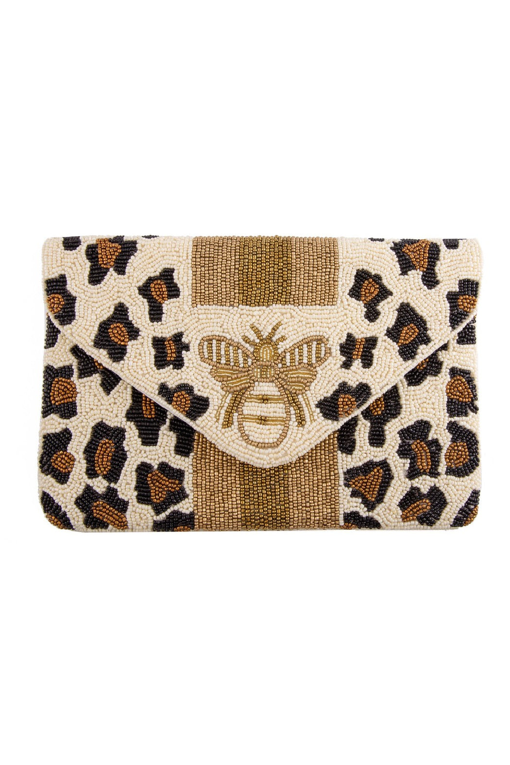 Beige Animal Print Bee Beaded Bag