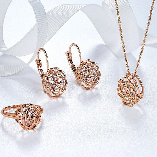 Rose Is A Rose Set Of Ring,Earrings and Pendant With Chain In 18kt Rose Crystals In White Yellow And Rose Gold Plating